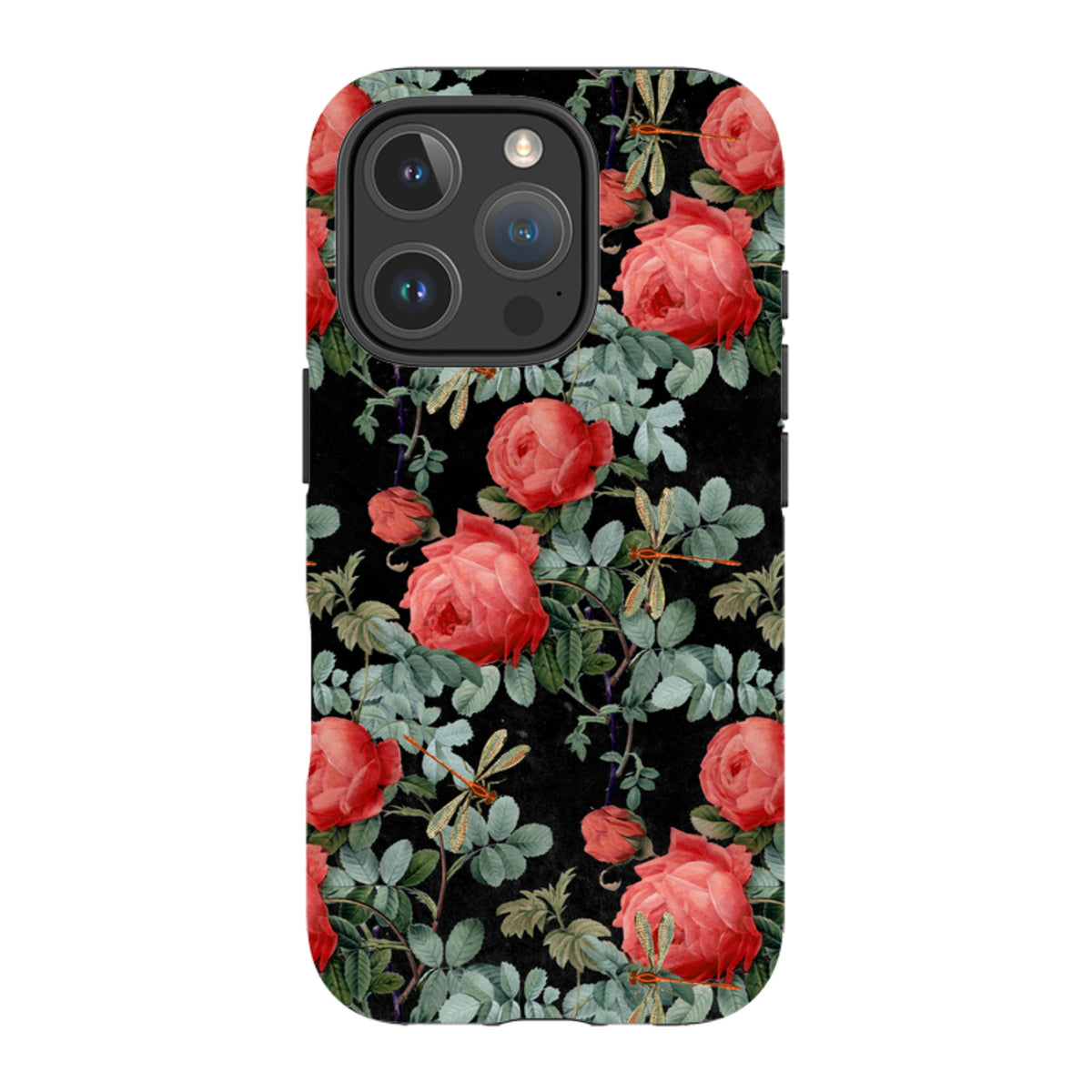 iPhone tough case featuring a black background with vibrant red roses and delicate dragonflies in a floral pattern.