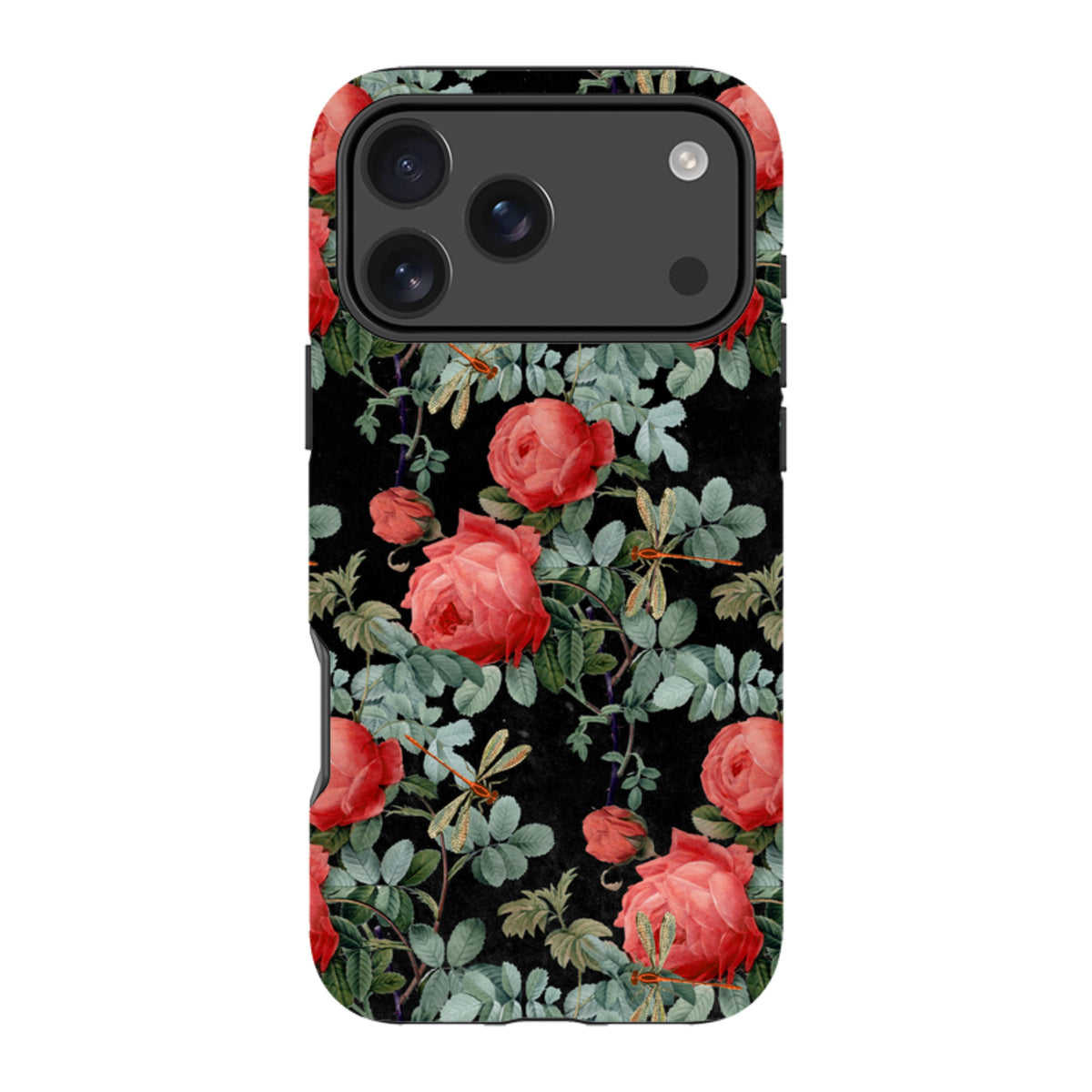 iPhone tough case featuring red roses and dragonflies on a black background with a protective dual-layer design.