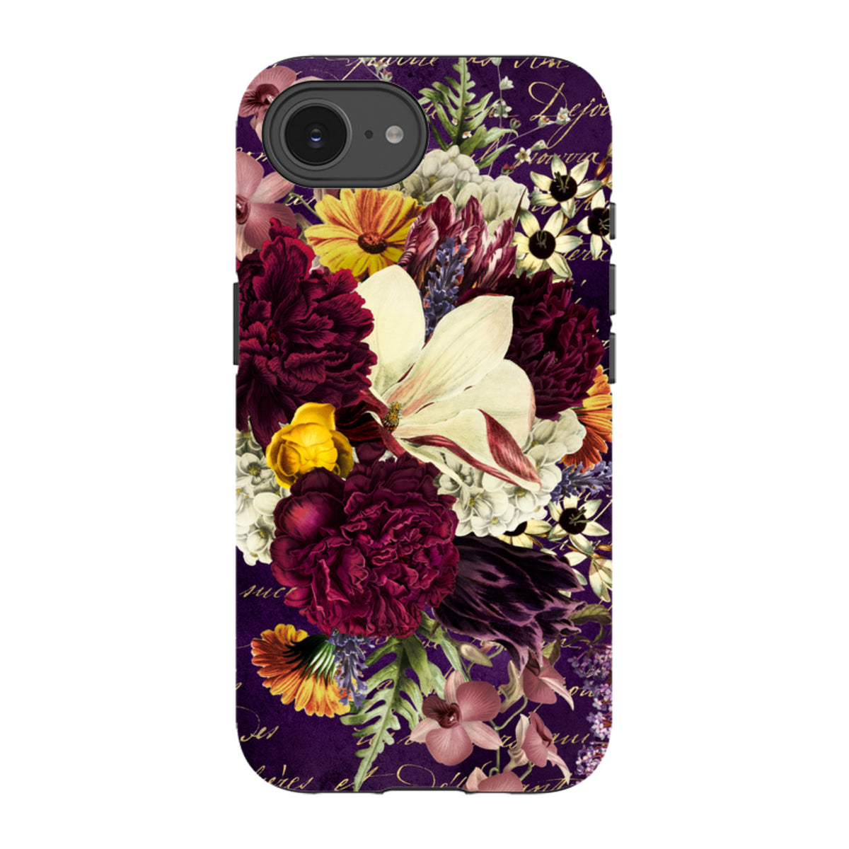 iPhone tough case featuring a vibrant floral bouquet design on a deep purple background with vintage script accents.
