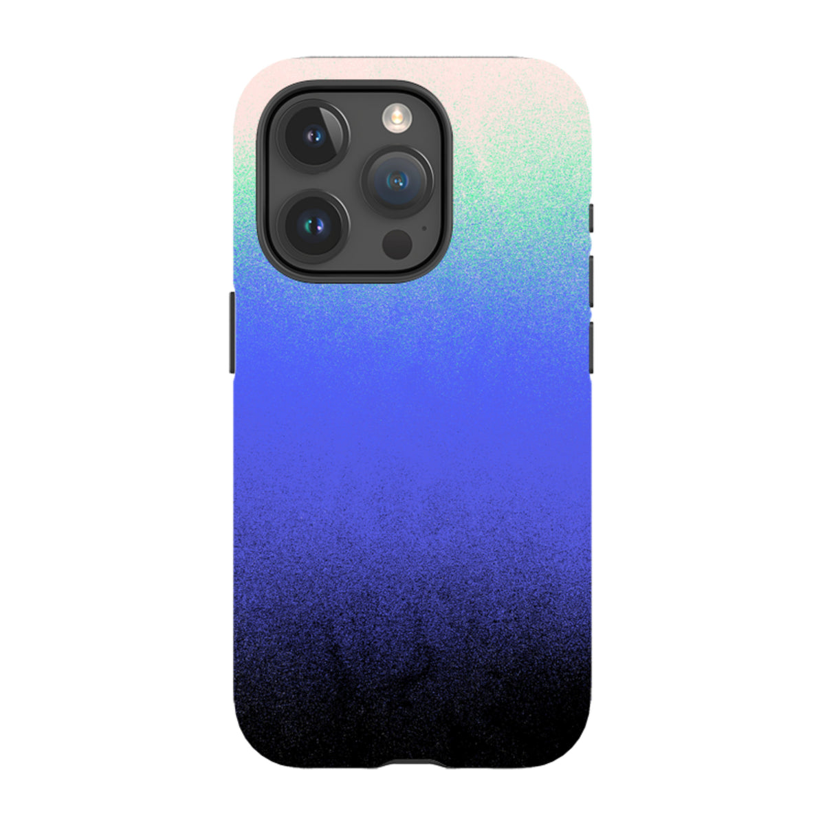 iPhone Tough Case in Dusk Haze featuring a gradient from soft peach to vibrant blue and deep black with a dual-layer design.