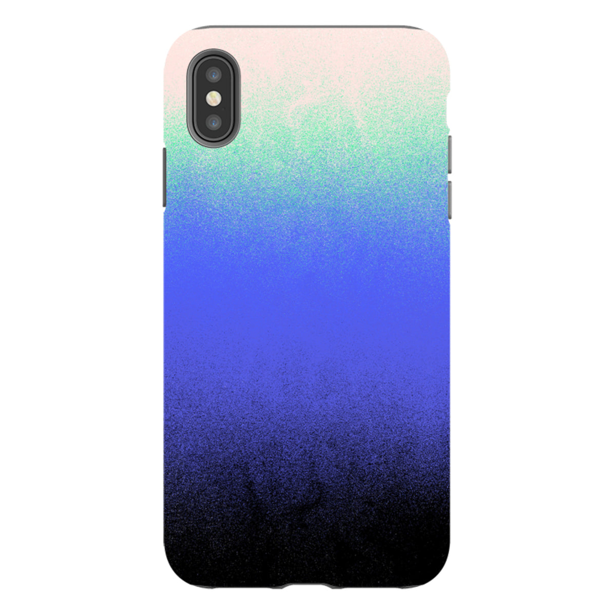 iPhone tough case with a Dusk Haze gradient design fading from soft pink and mint green to deep blue and black.