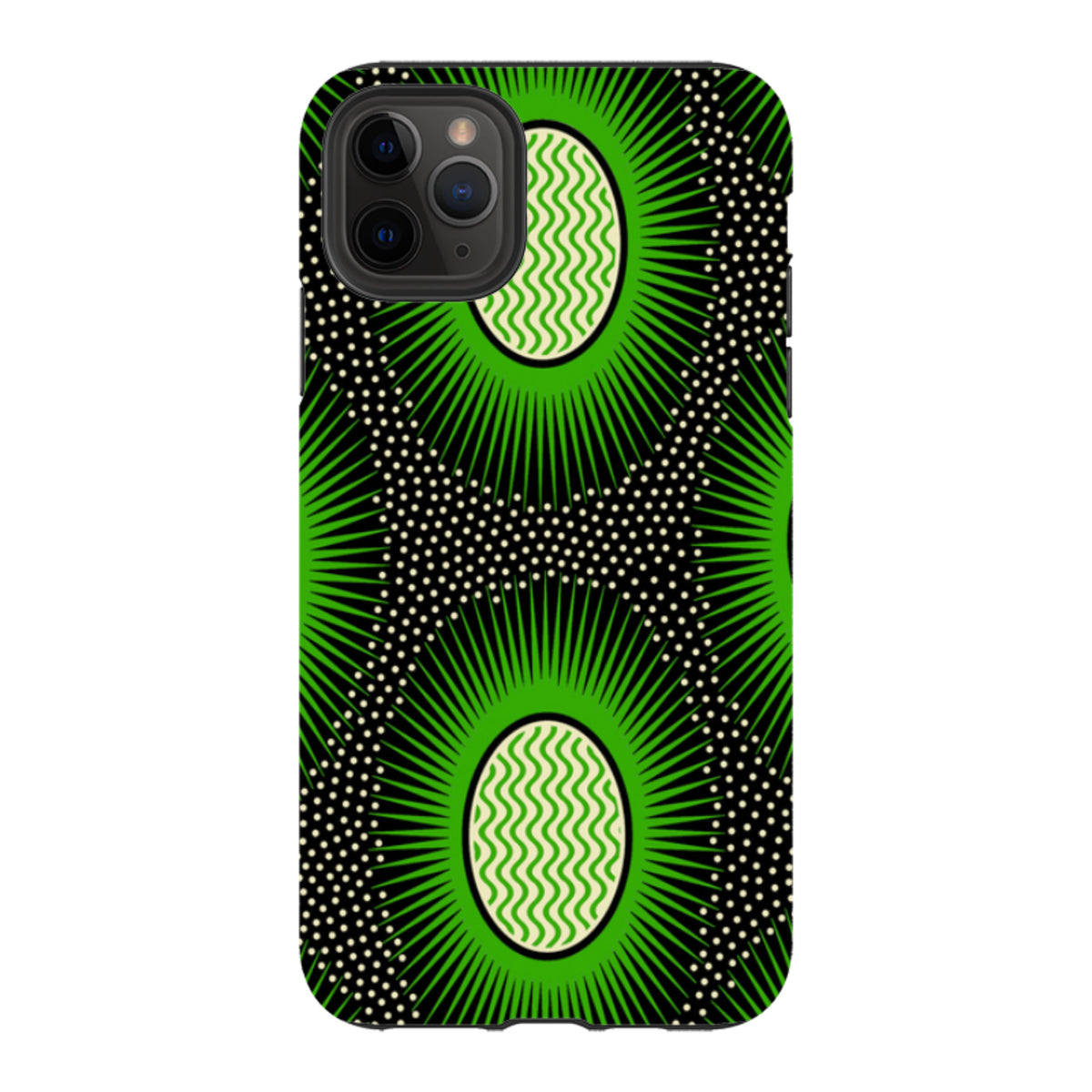 iPhone Tough Case featuring a green and black geometric Eclipse pattern by Cressida Bell with dual-layer protection.