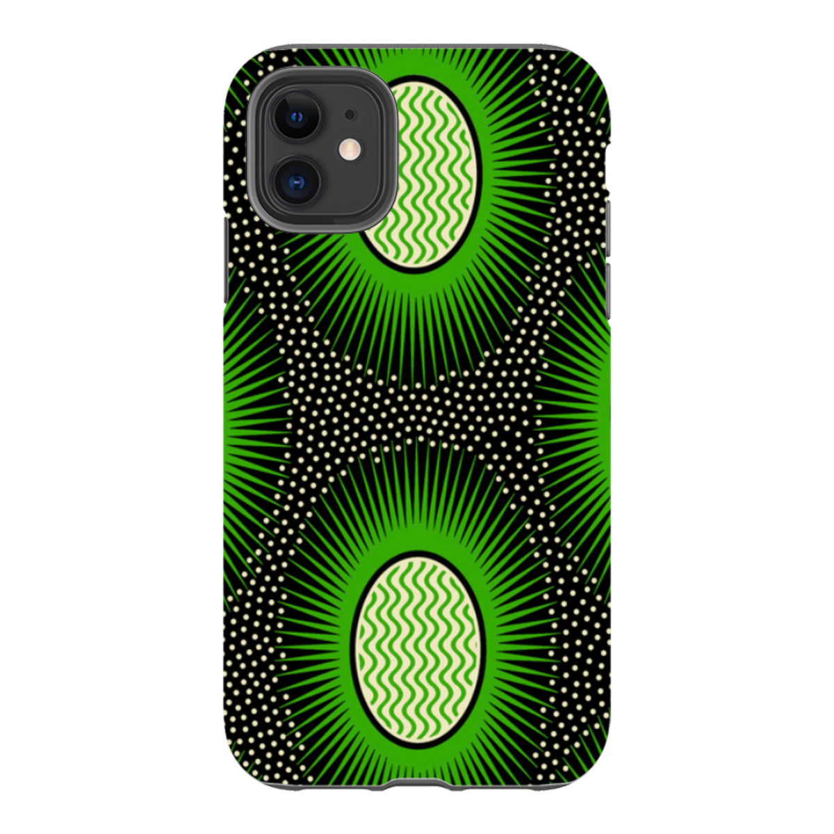 iPhone tough case featuring Cressida Bell's green and black Eclipse geometric pattern with a dual-layer protective shell.