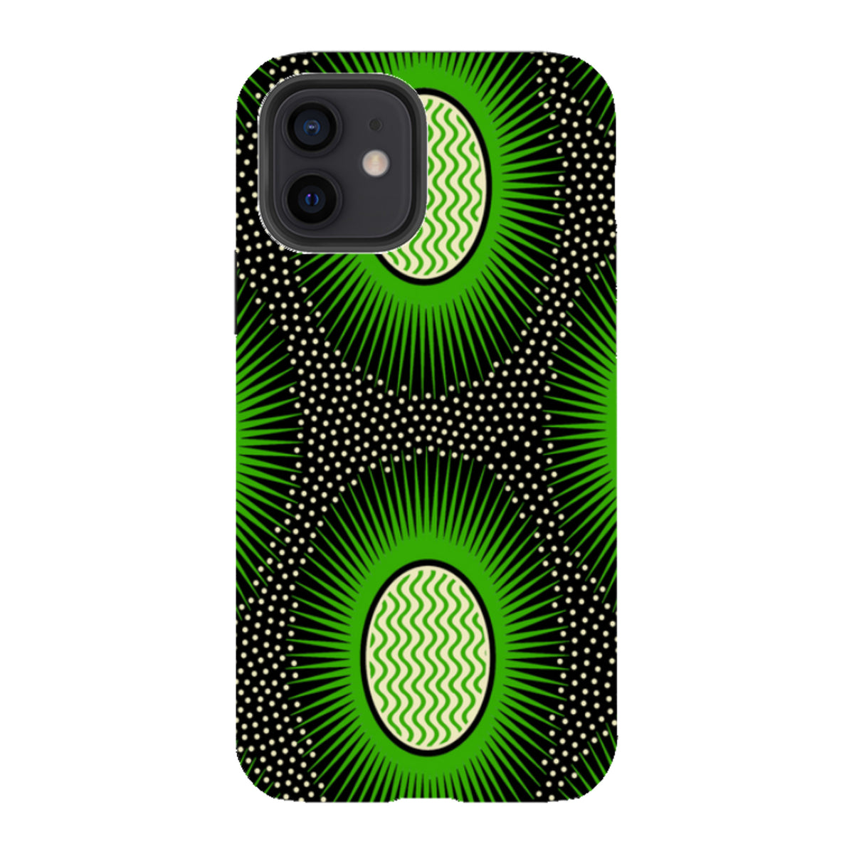 iPhone Tough Case featuring a green and black geometric Eclipse pattern by Cressida Bell with dual-layer protection.