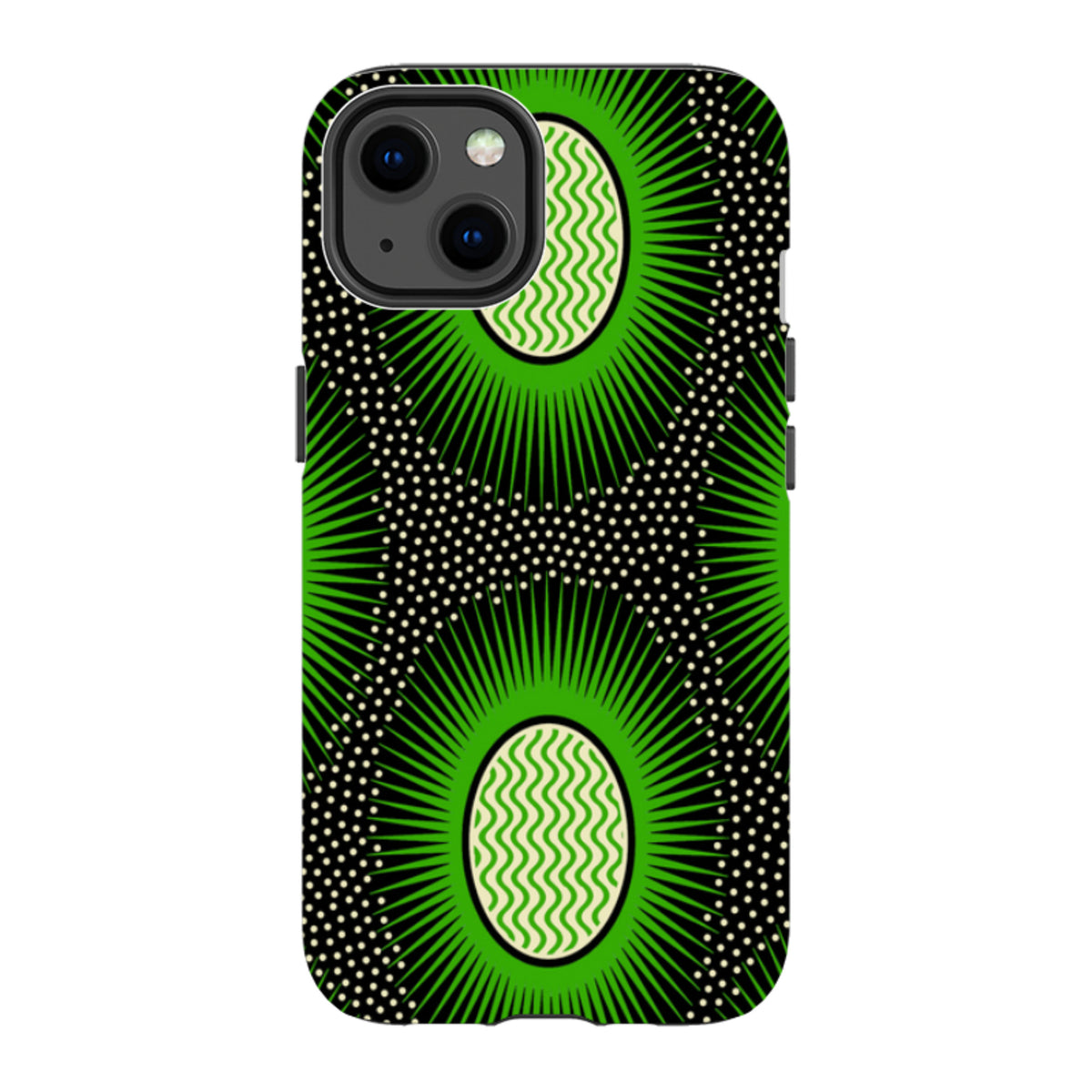 iPhone tough case with a vibrant green and black Eclipse pattern by Cressida Bell featuring a dual-layer protective shell.