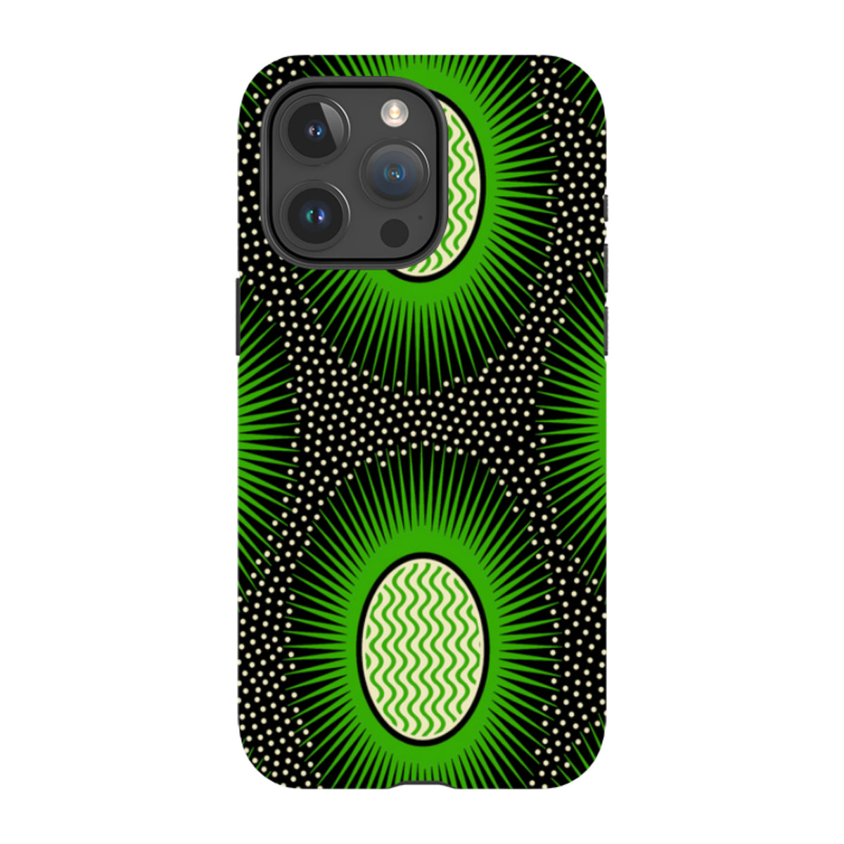 iPhone Tough Case featuring Cressida Bell's Eclipse art with a vibrant green, black, and white geometric oval pattern.