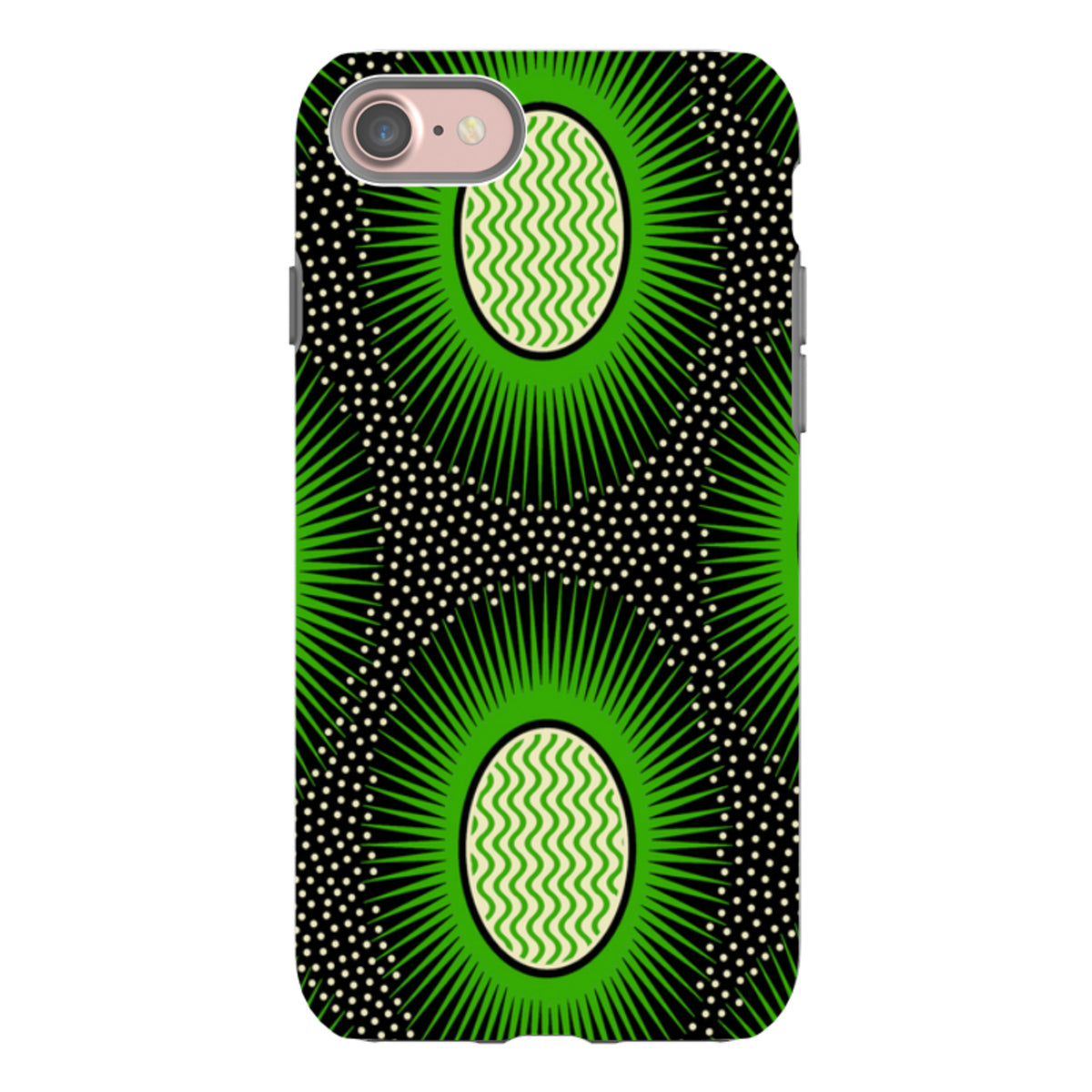 iPhone Tough Case featuring Cressida Bell's Eclipse art with a vibrant green and black geometric pattern.