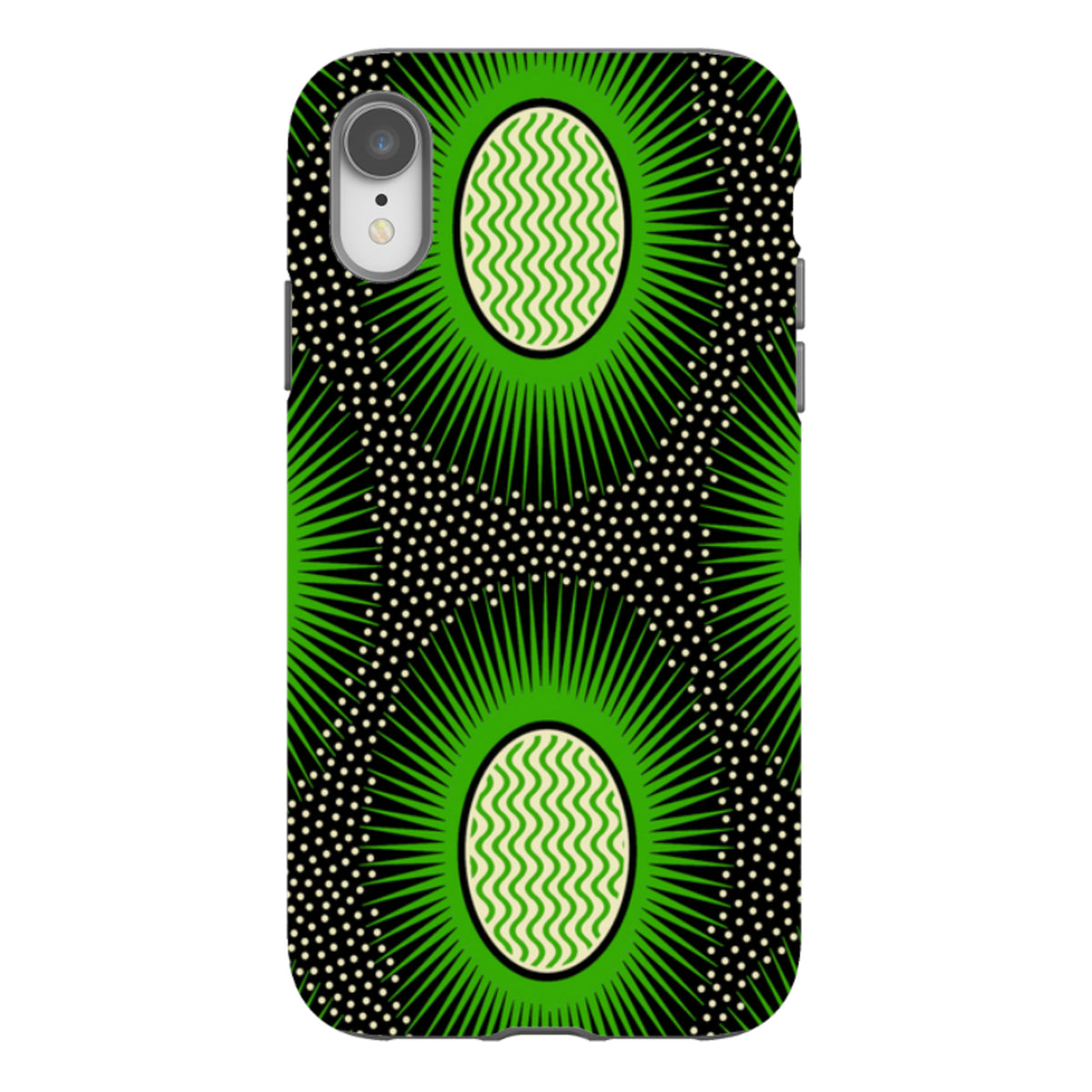 iPhone Tough Case featuring the green and black Eclipse pattern by Cressida Bell with a durable dual-layer design.