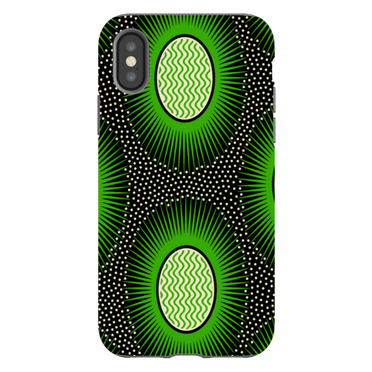 iPhone Tough Case featuring Cressida Bell's Eclipse design with green and black geometric sunburst patterns.