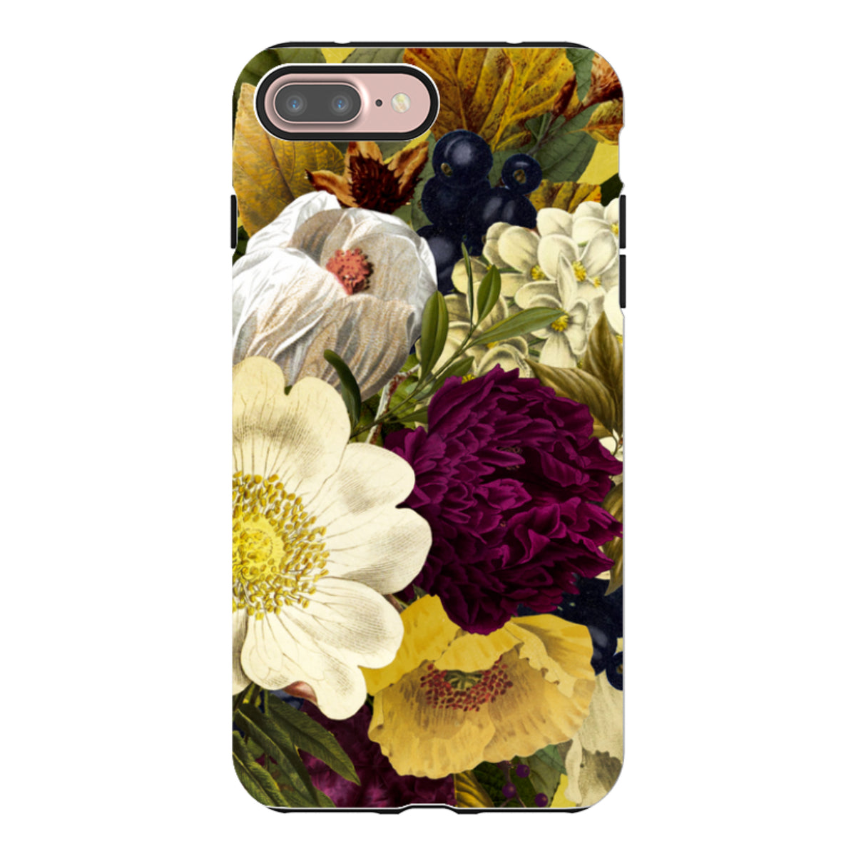 iPhone Tough Case featuring a vibrant botanical print with dark purple, yellow, and white flowers on a durable shell.