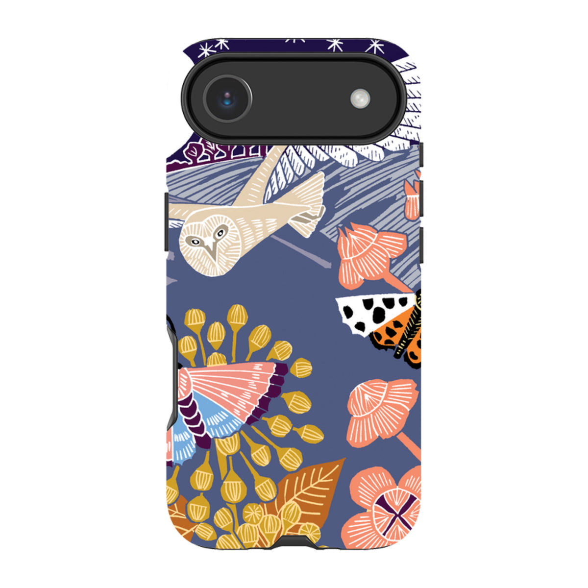 Dual-layer iPhone case featuring Kate Heiss’s Evening Barn Owl art with colorful floral and moth patterns on blue.