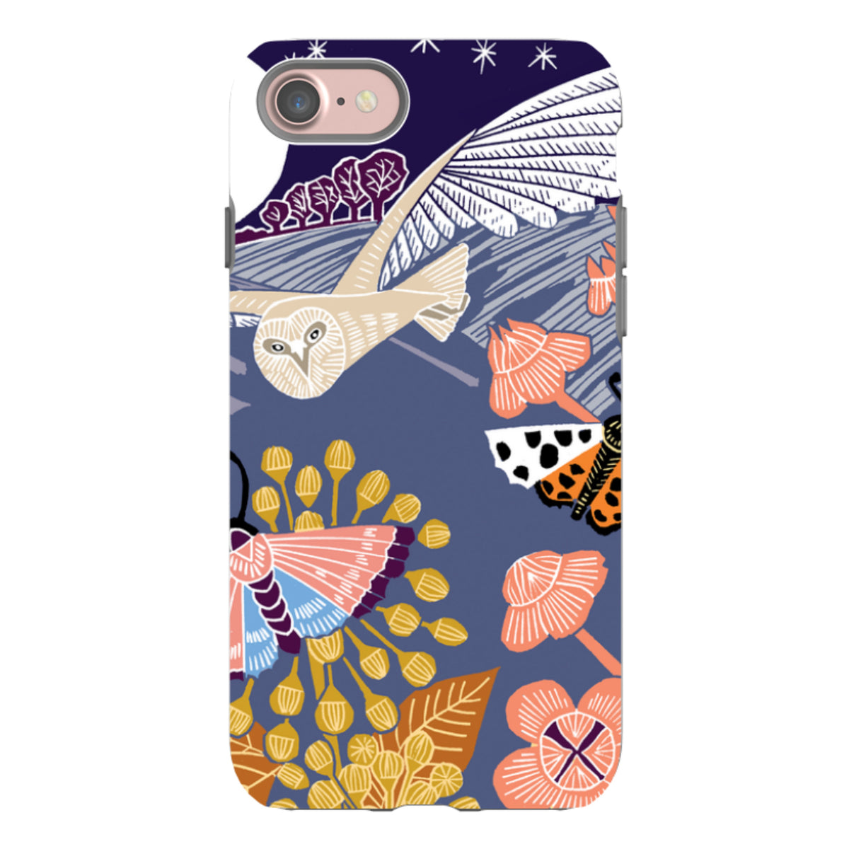 Dual-layer iPhone tough case featuring Kate Heiss's Evening Barn Owl art with moths and flowers on a deep blue background.