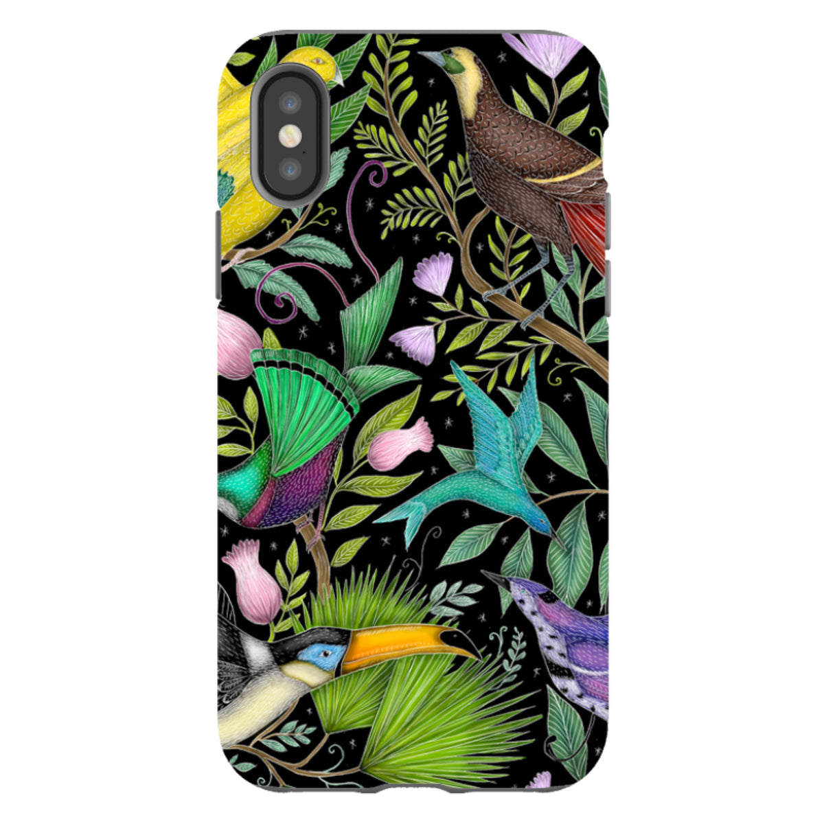 iPhone tough case featuring Catherine Rowe's colorful exotic bird and tropical foliage art on a black background.