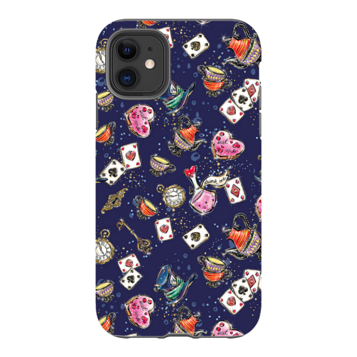 iPhone Tough Case featuring a dark blue Fairytales pattern with teapots, playing cards, and heart-shaped cookies.