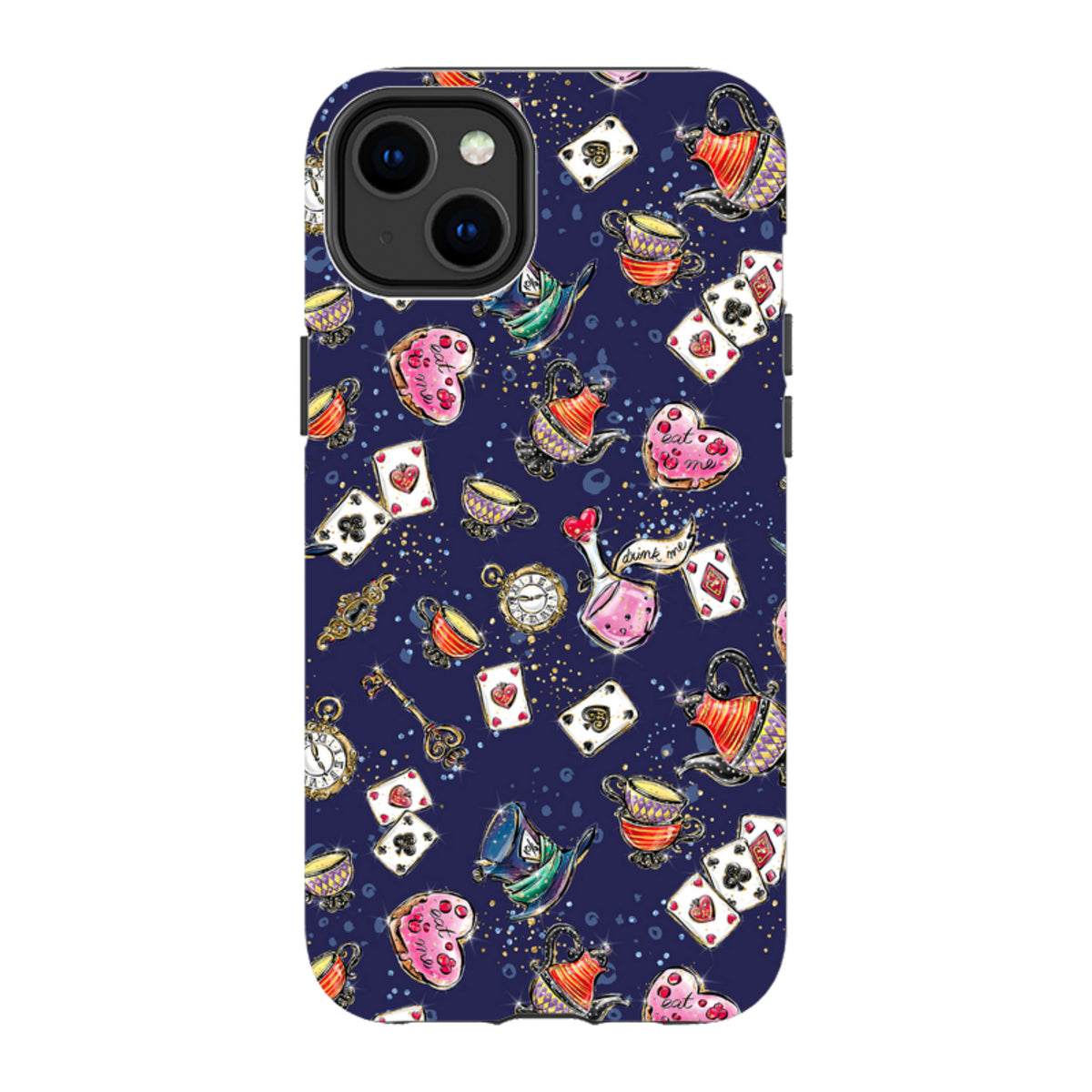 iPhone tough case with a dark blue Fairytales pattern featuring teacups, playing cards, and potion bottles.