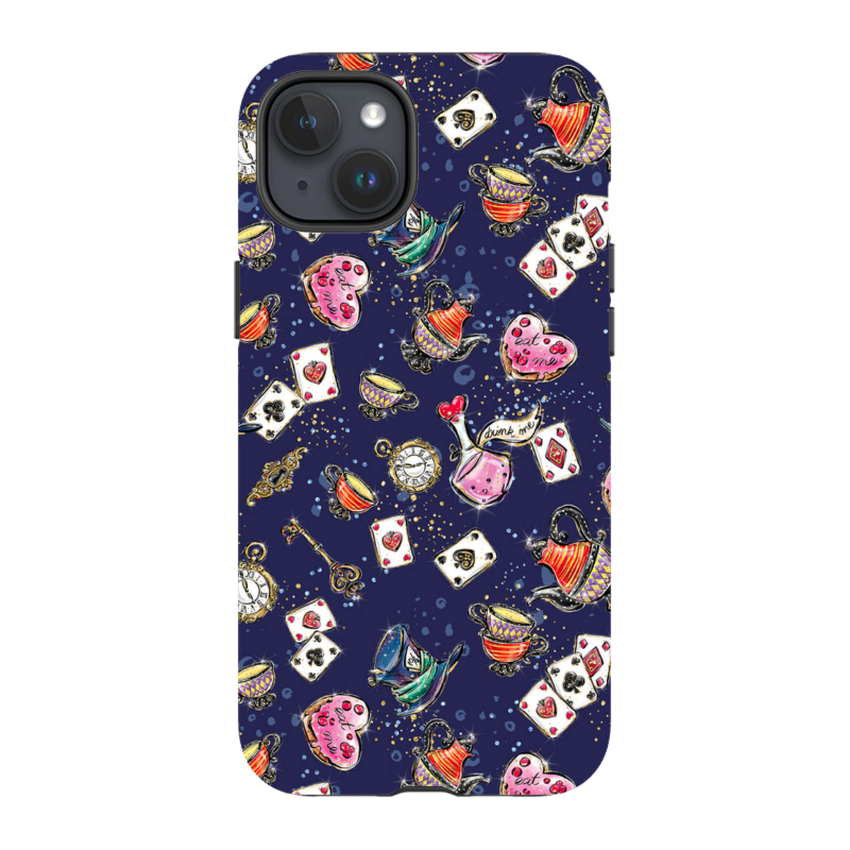 Dual-layer iPhone case with a navy blue Fairytales pattern featuring teapots, playing cards, and potion bottles.