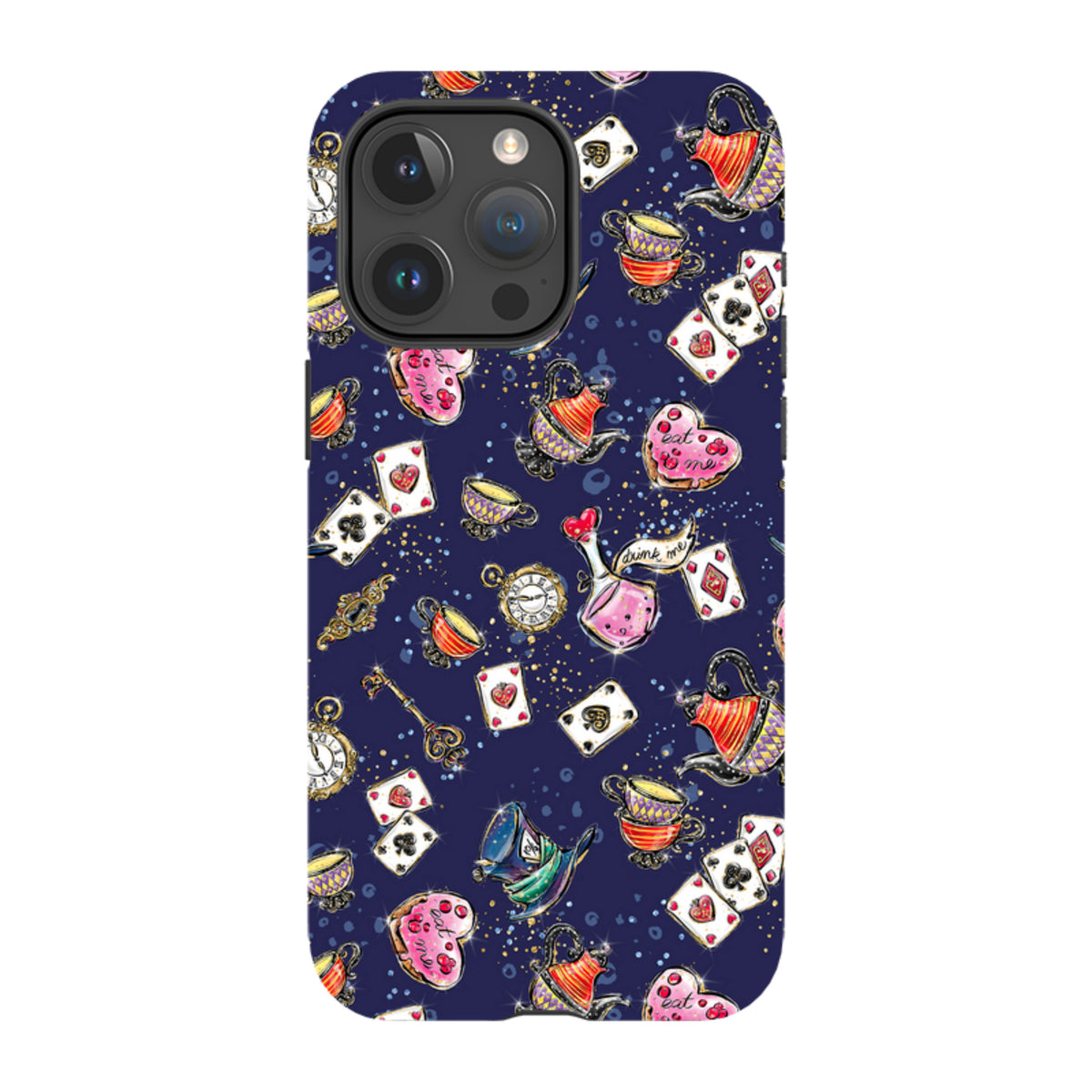 iPhone tough case with a dark blue Fairytales pattern featuring Alice in Wonderland motifs like teapots, cards, and keys.