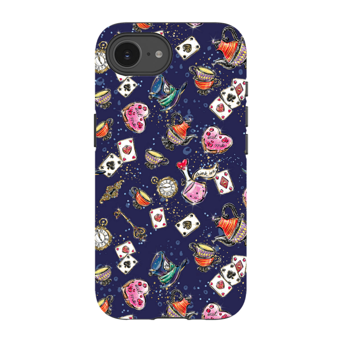 iPhone tough case with a dark blue Fairytales pattern featuring teapots, playing cards, and clocks in a dual-layer design.