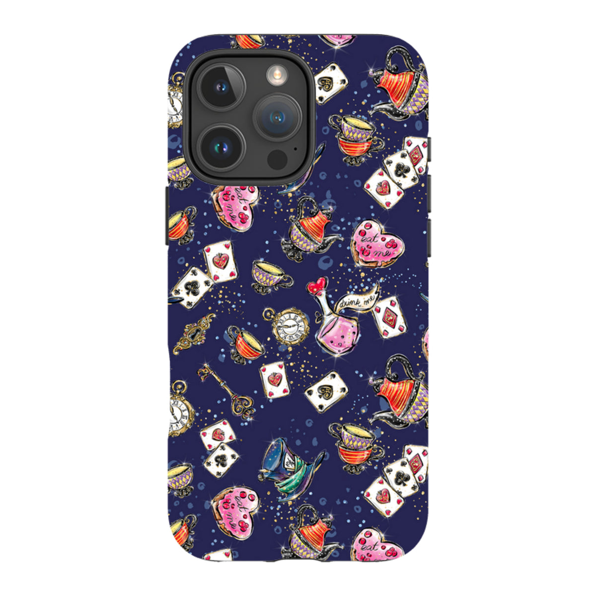 iPhone Tough Case featuring a dark blue background with whimsical fairytale-themed illustrations of teapots and cards.