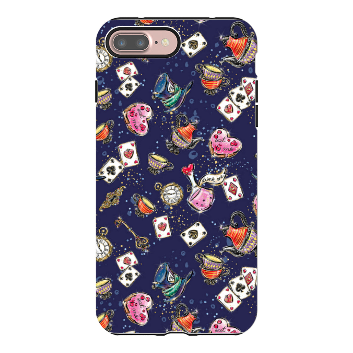 Dual-layer iPhone tough case with a dark blue Fairytales pattern featuring teapots, playing cards, and whimsical icons.