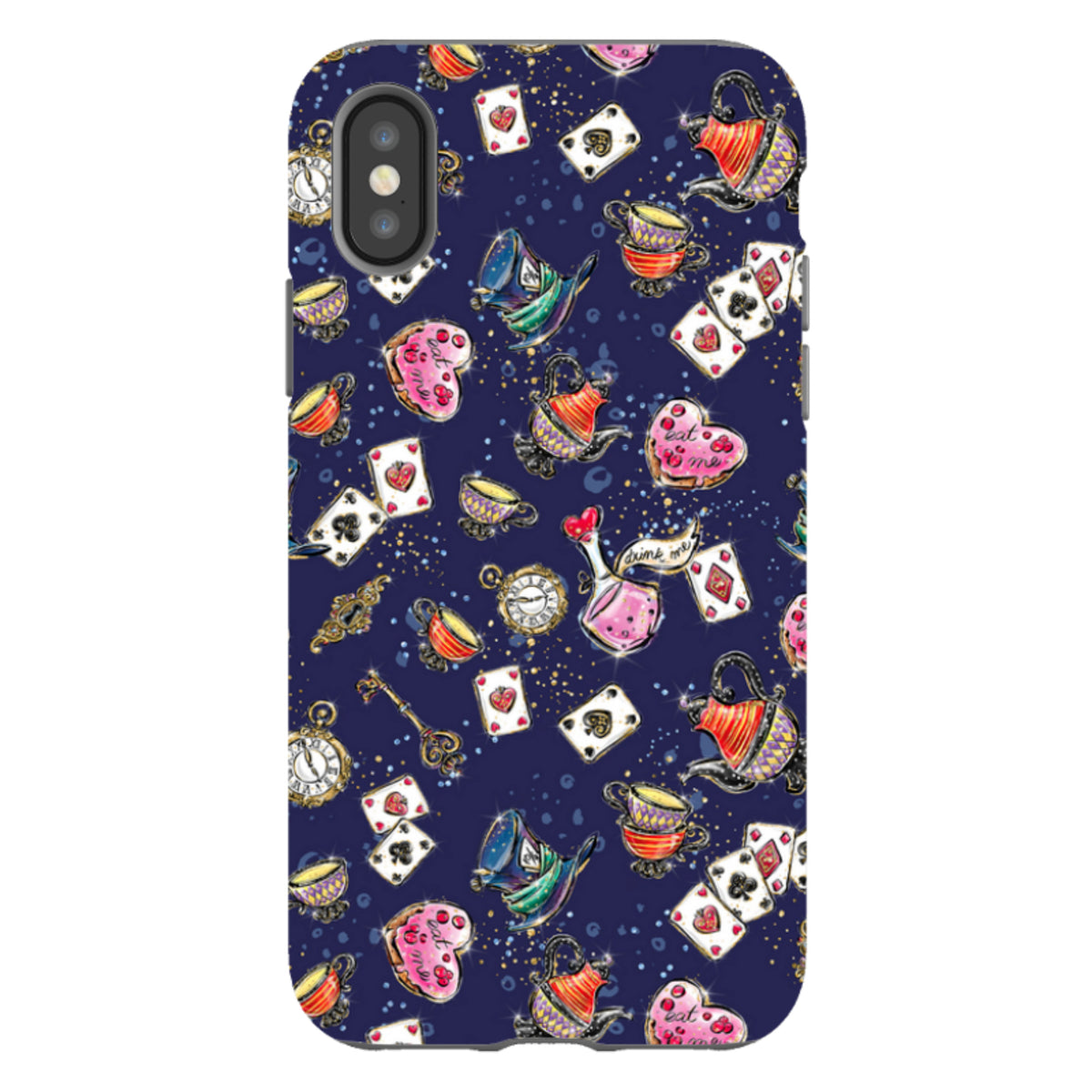 iPhone tough case with a dark blue Fairytale pattern featuring teapots, playing cards, and clocks in a dual-layer design.