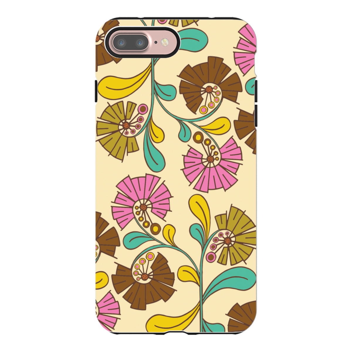 iPhone tough case featuring Amelia Bowman's Fan Flower art with pink, brown, and teal floral patterns on cream.