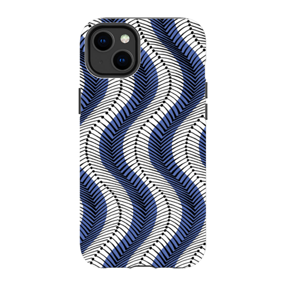 iPhone tough case featuring a blue, black, and white wavy geometric pattern with a protective dual-layer design.