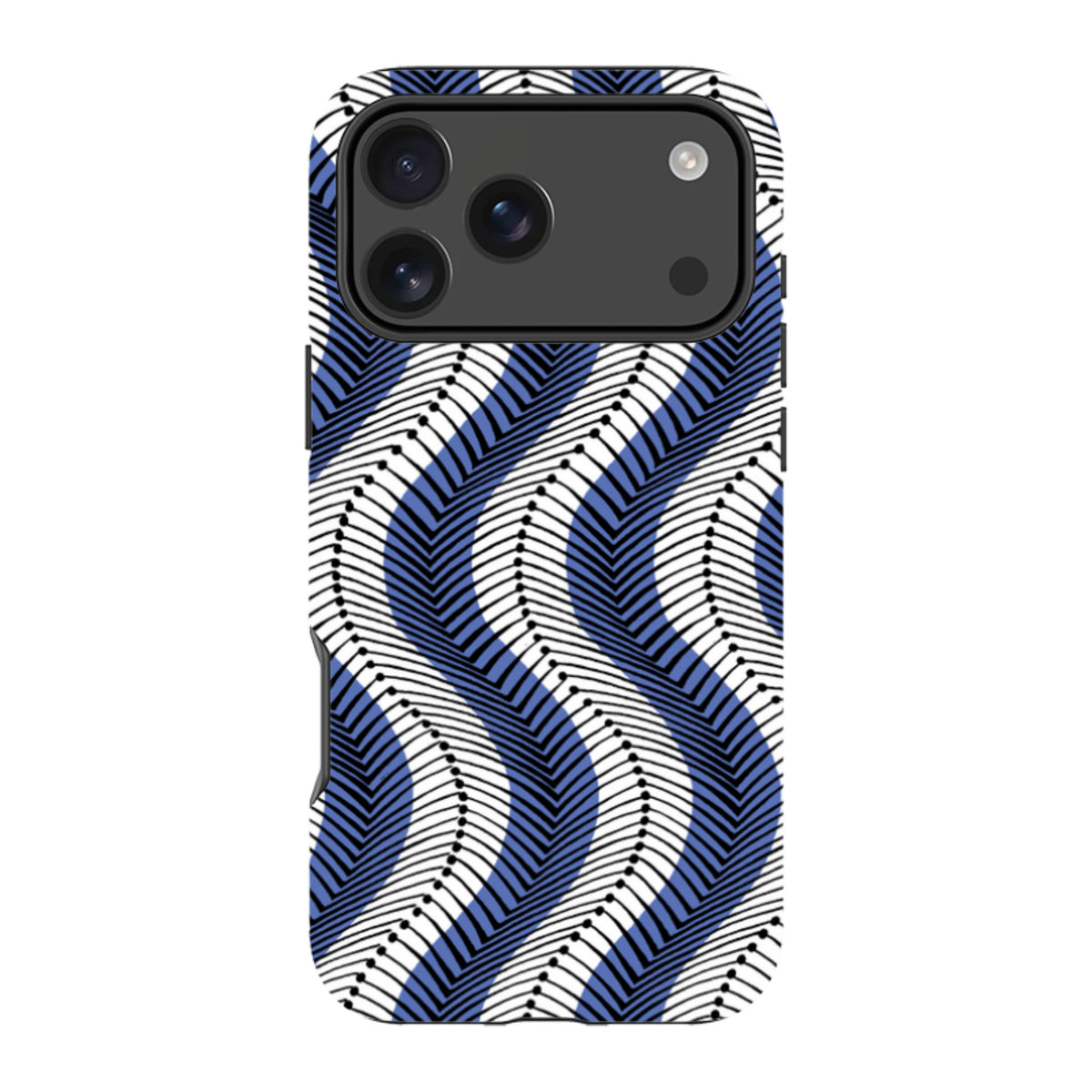 iPhone tough case with a blue, black, and white wavy chevron pattern by Cressida Bell and a protective dual-layer shell.