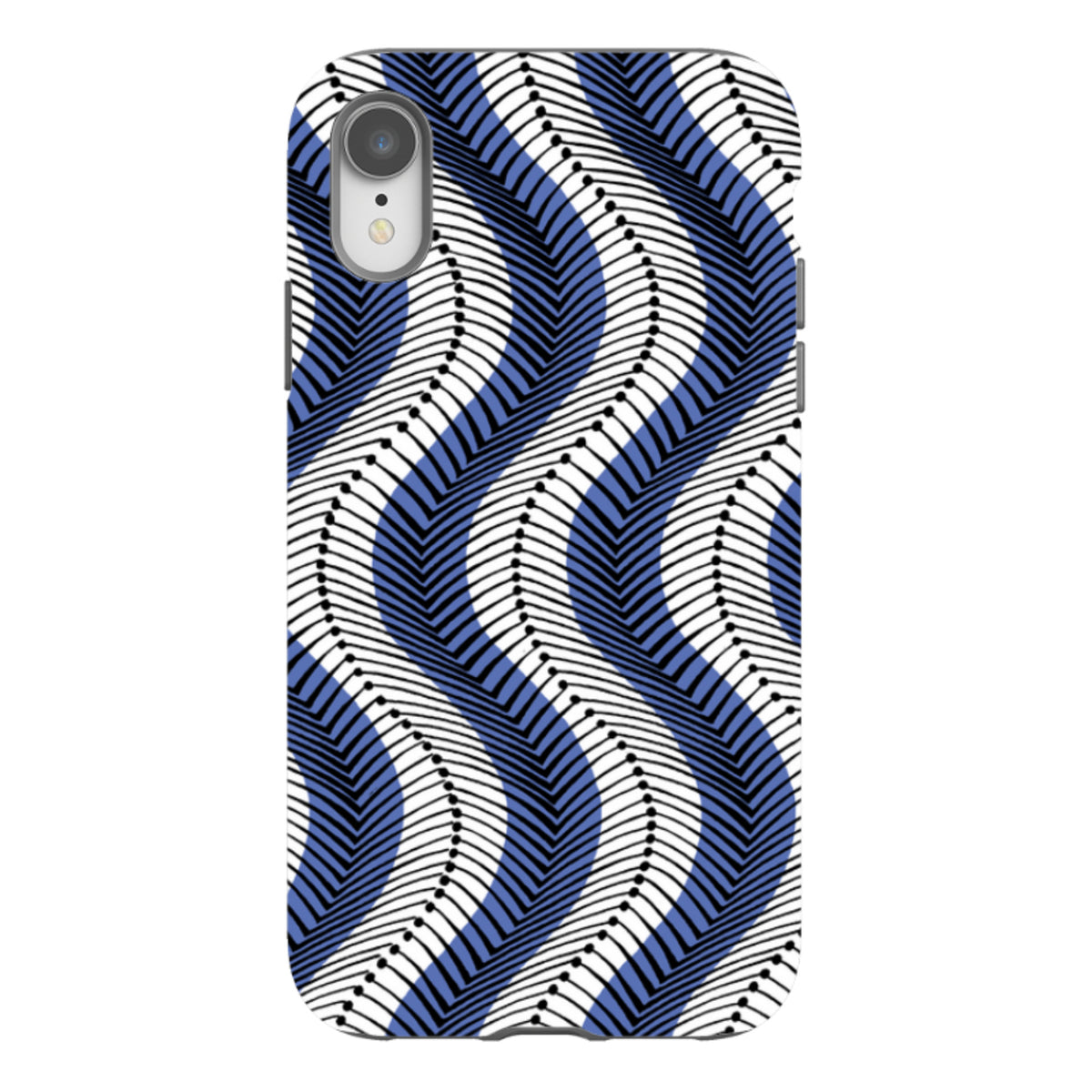 iPhone tough case featuring a blue and black wavy geometric fern pattern with a durable dual-layer protective shell.