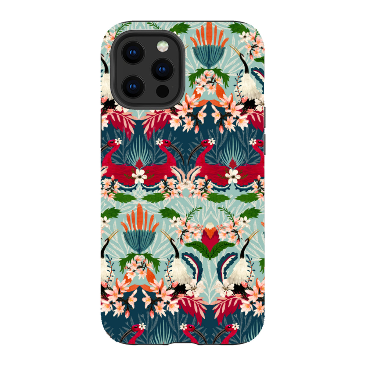 iPhone tough case featuring Katherine Quinn's Fiesta floral and bird pattern in vibrant red, teal, and white tones.