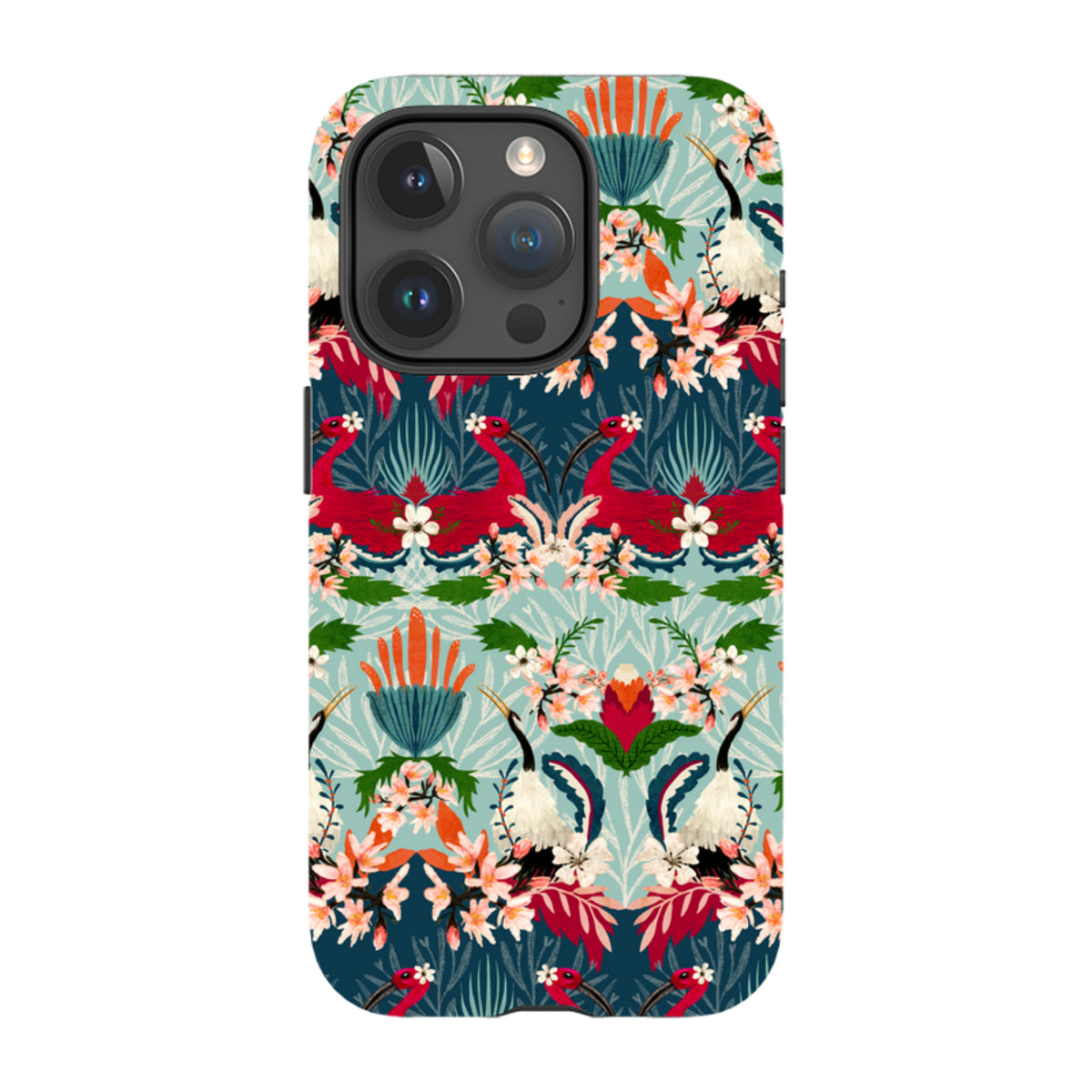 iPhone tough case featuring a vibrant, symmetrical floral and bird pattern by Katherine Quinn on a teal background.