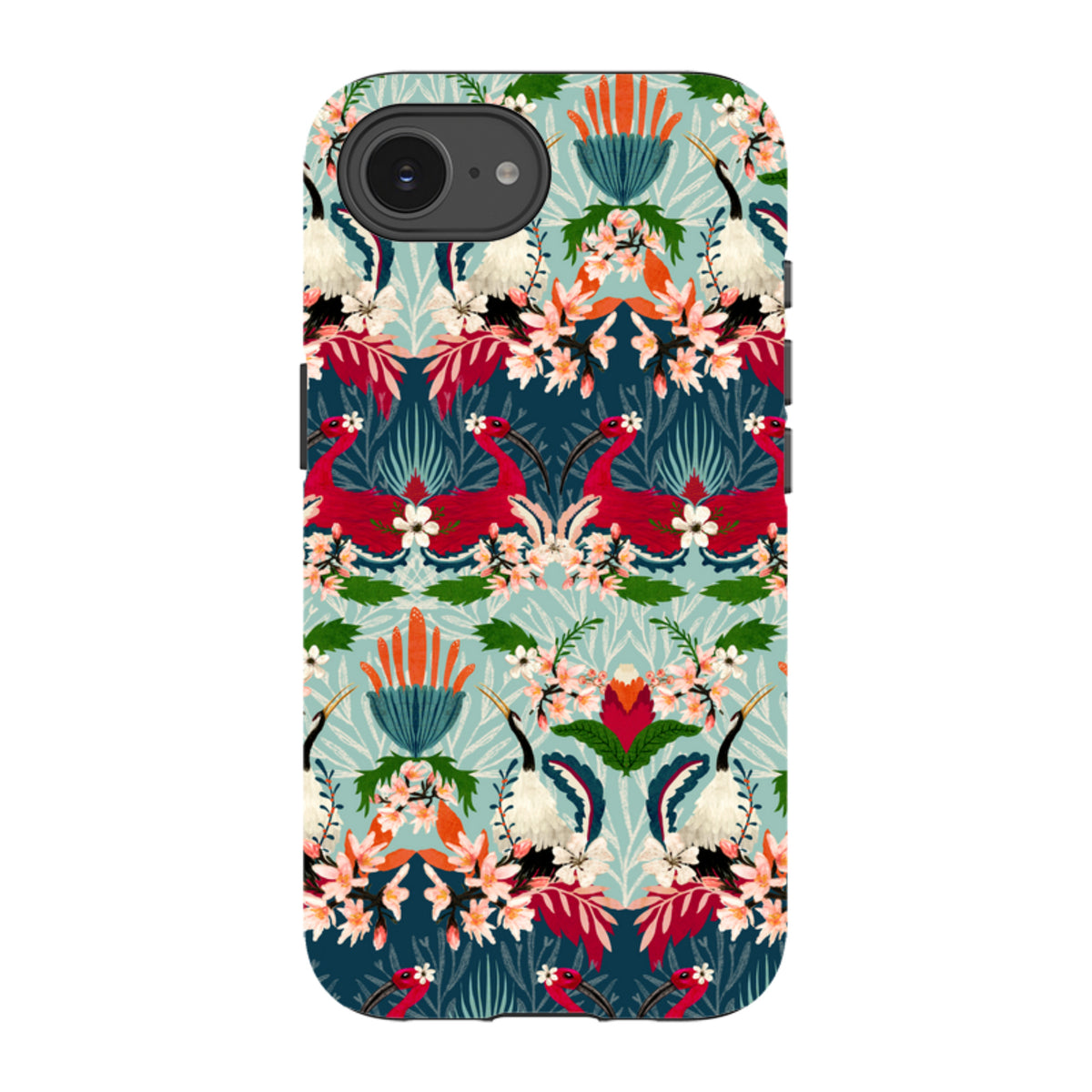 iPhone tough case featuring a vibrant Fiesta floral and bird pattern by Katherine Quinn on a dual-layer protective shell.