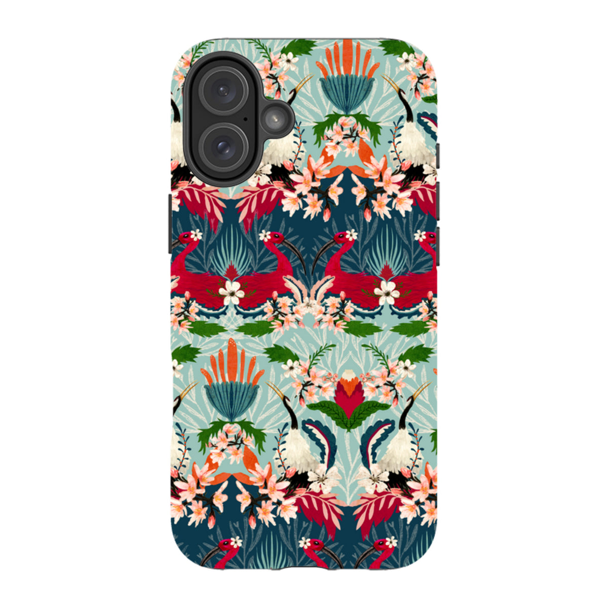 iPhone tough case featuring a vibrant Fiesta floral and bird pattern by Katherine Quinn on a dual-layer protective shell.