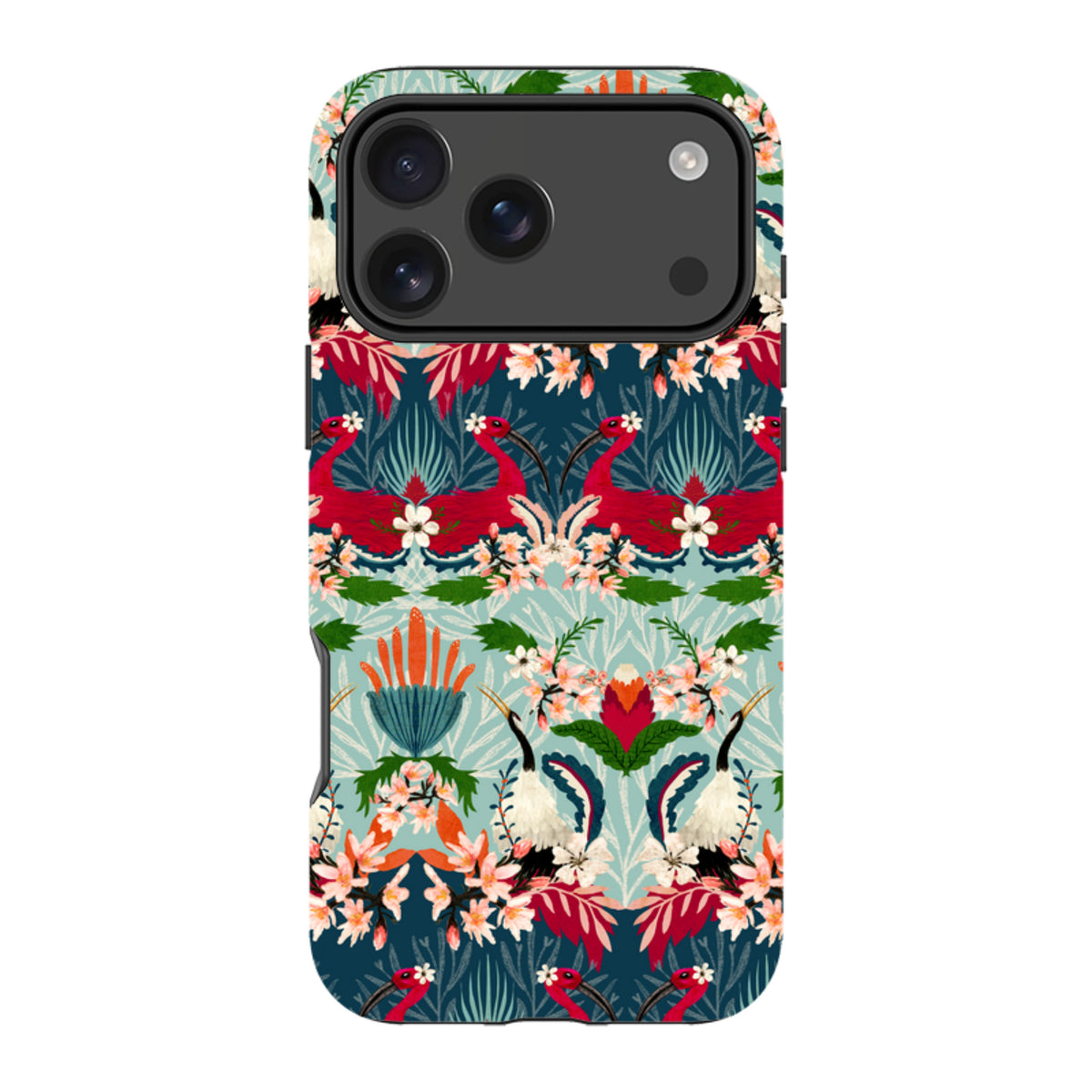 iPhone tough case featuring a vibrant Fiesta floral and bird pattern by Katherine Quinn on a dark teal background.