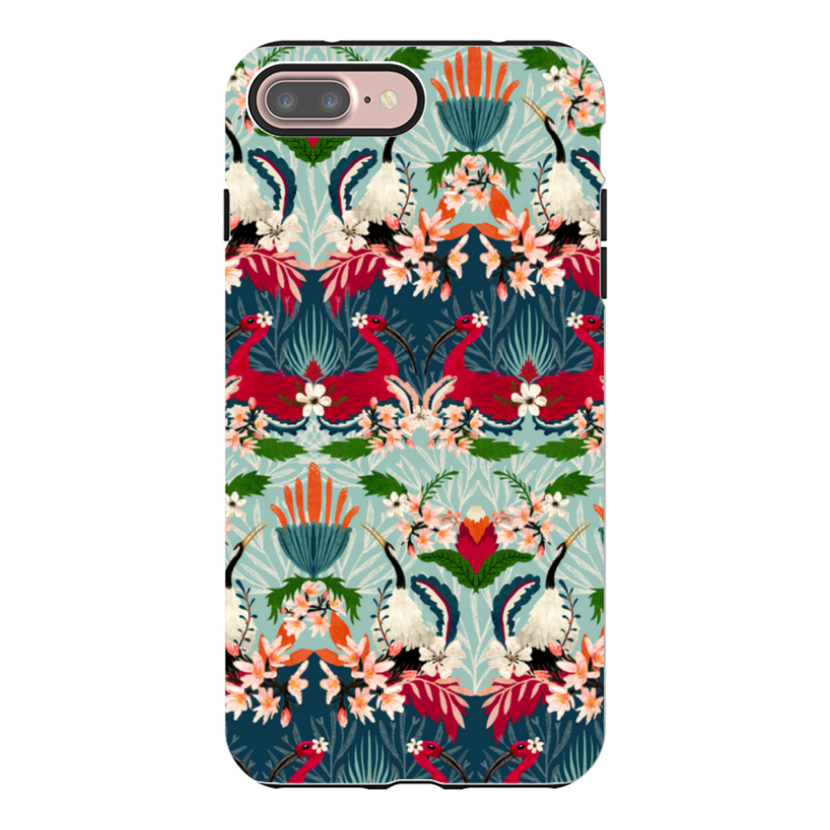 iPhone tough case featuring Katherine Quinn’s vibrant floral and bird pattern in teal, red, and white with dual-layer protection.