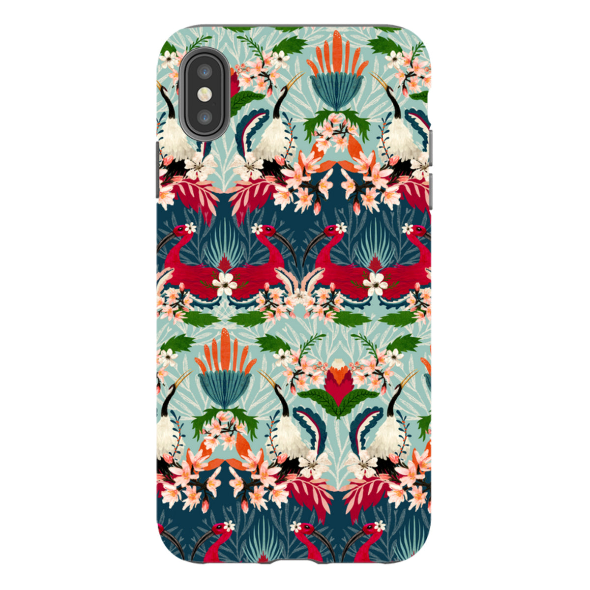 iPhone tough case featuring Katherine Quinn’s vibrant Fiesta floral and bird pattern on a dual-layer protective shell.