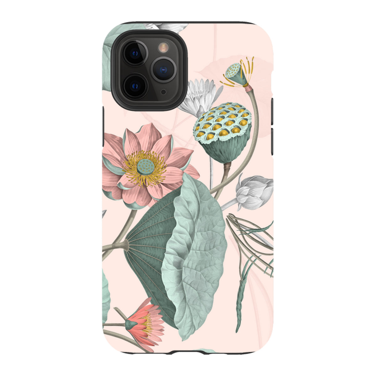 Dual-layer iPhone tough case featuring a botanical Finchcocks print with pink lotus flowers and green leaves on blush.