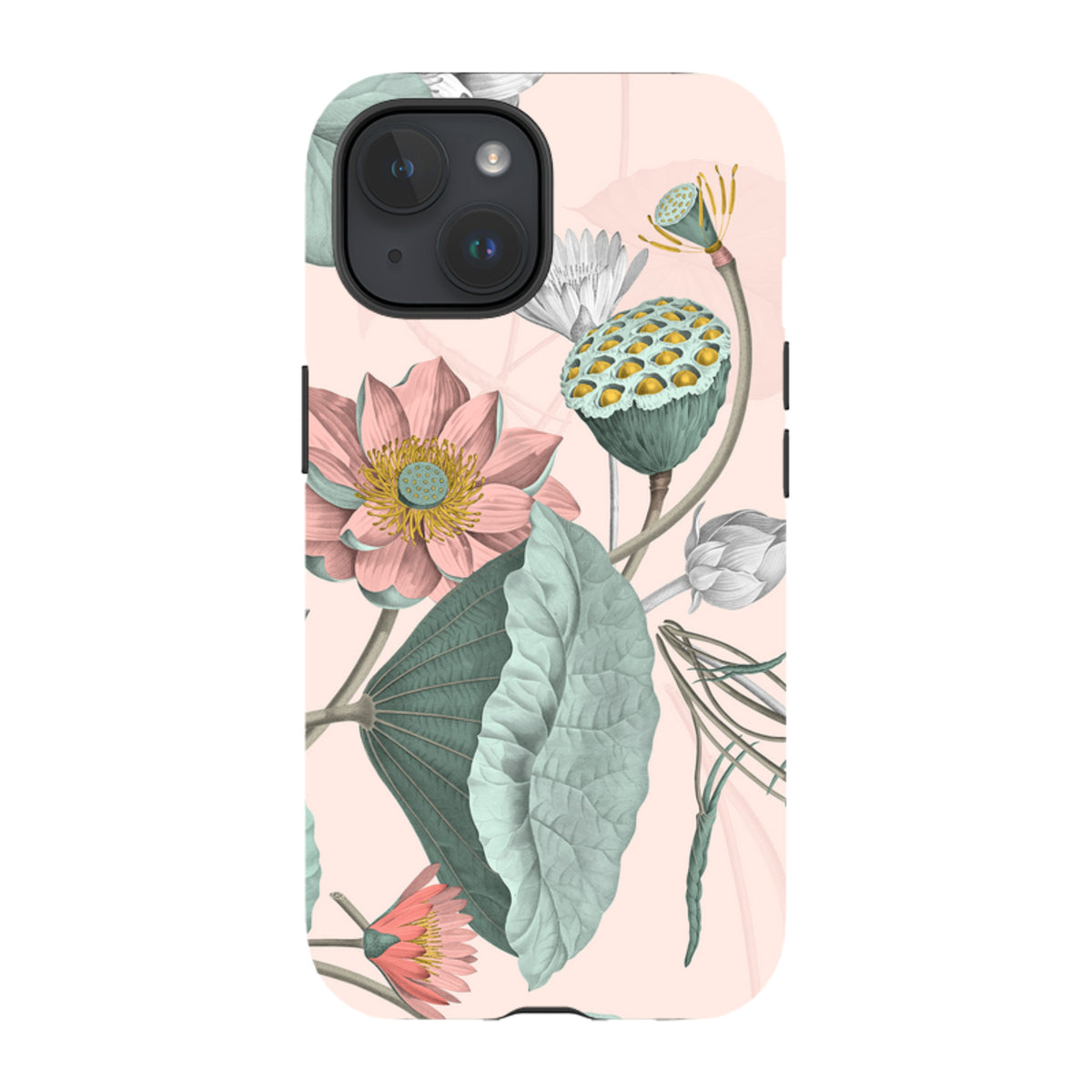 iPhone Tough Case featuring a botanical lotus flower print with soft pink and sage green tones on a durable dual-layer shell.