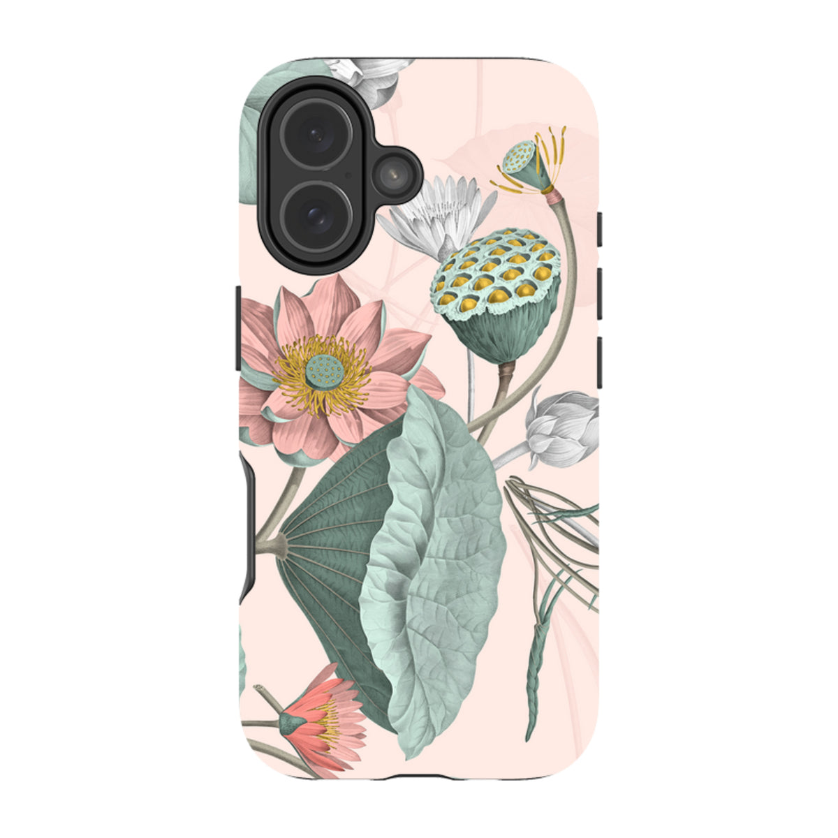 Dual-layer iPhone Tough Case with a pink background and botanical illustration of lotus flowers and leaves.