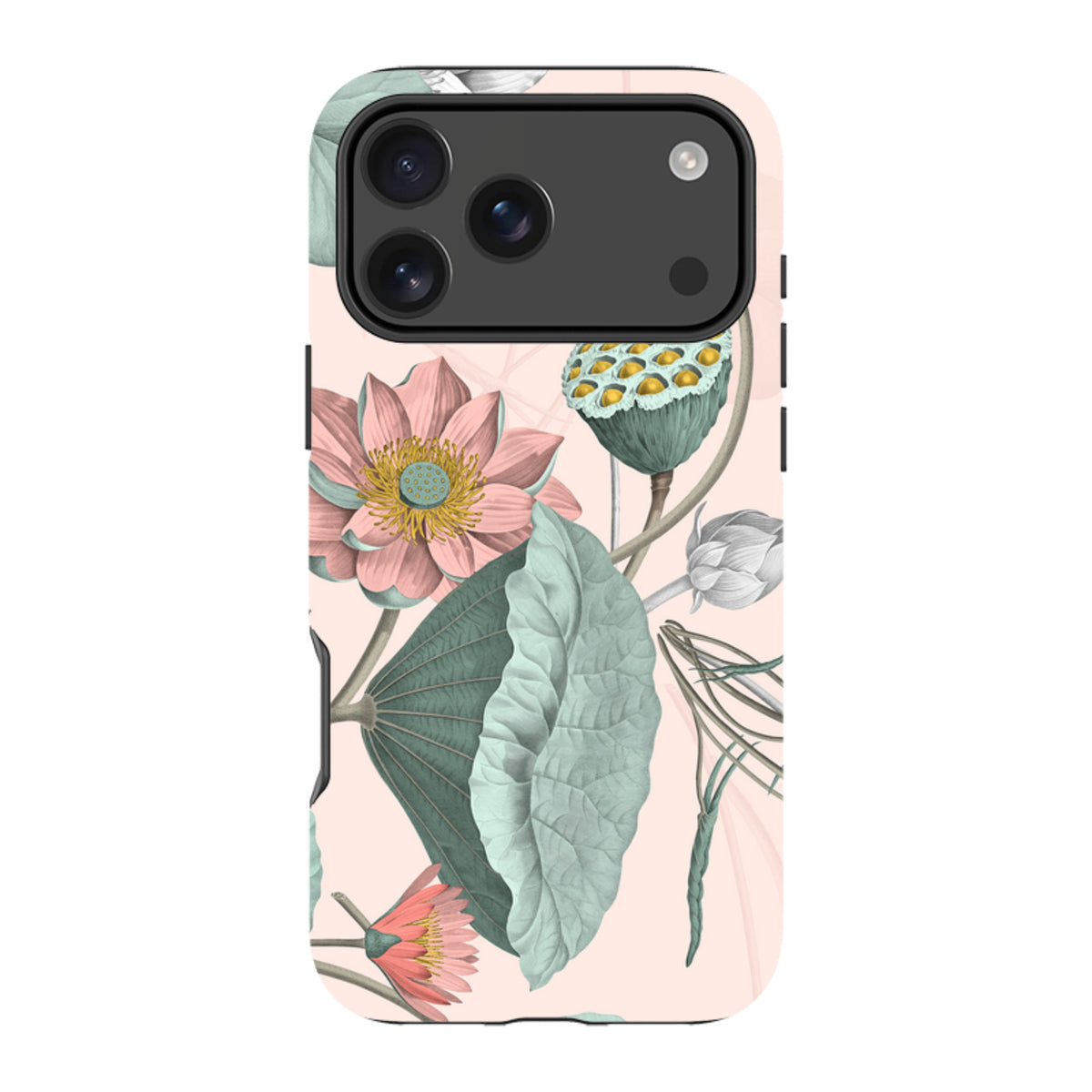 iPhone tough case with a pale pink background and vintage-style lotus flower and lily pad botanical illustration.