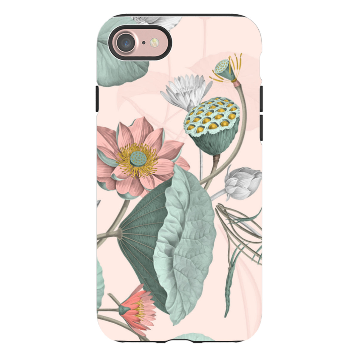 iPhone Tough Case featuring a botanical Finchcocks print with pink lotus flowers and sage green leaves on a pale background.