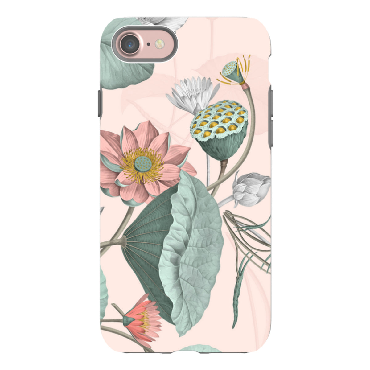 iPhone tough case with a soft pink background featuring detailed botanical illustrations of lotus flowers and leaves.