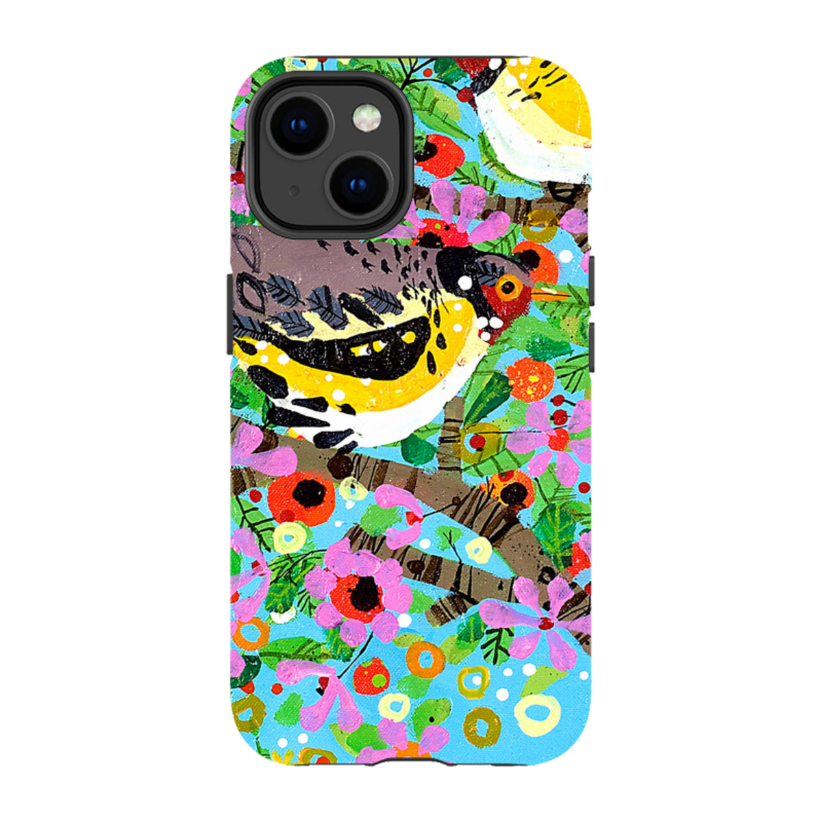 iPhone tough case featuring Claire West's colorful finch artwork with vibrant floral patterns on a bright blue background.