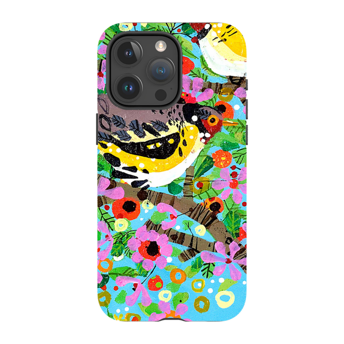 iPhone tough case featuring Claire West's colorful finch artwork with vibrant flowers on a bright blue background.