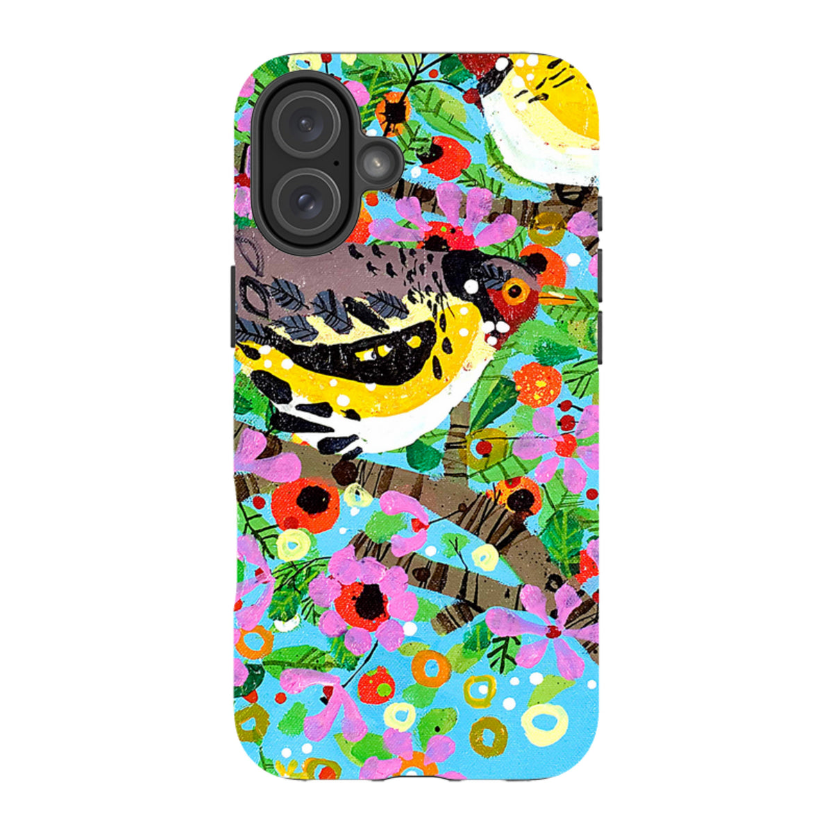 iPhone tough case featuring Claire West's colorful finches artwork with vibrant flowers on a bright blue background.