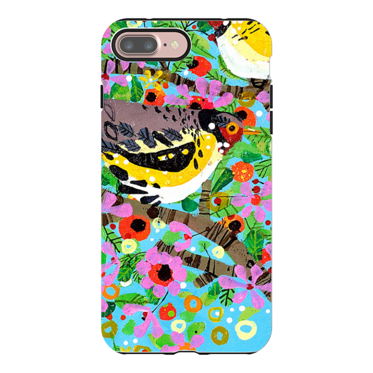 iPhone tough case featuring Claire West's colorful finches artwork with dual-layer protection and a vibrant floral print.