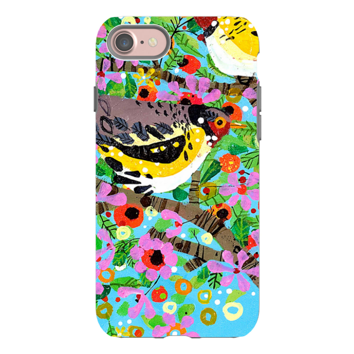 Dual-layer iPhone tough case featuring Claire West's colorful finch and floral artwork on a vibrant blue background.