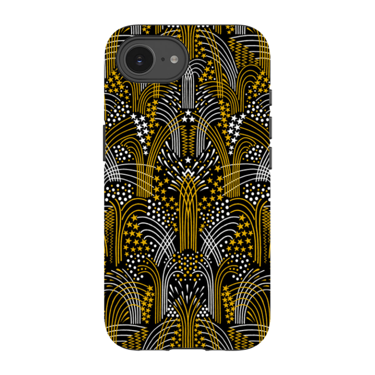 iPhone tough case with Cressida Bell Fireworks art in gold, white, and black with a durable dual-layer protective shell.