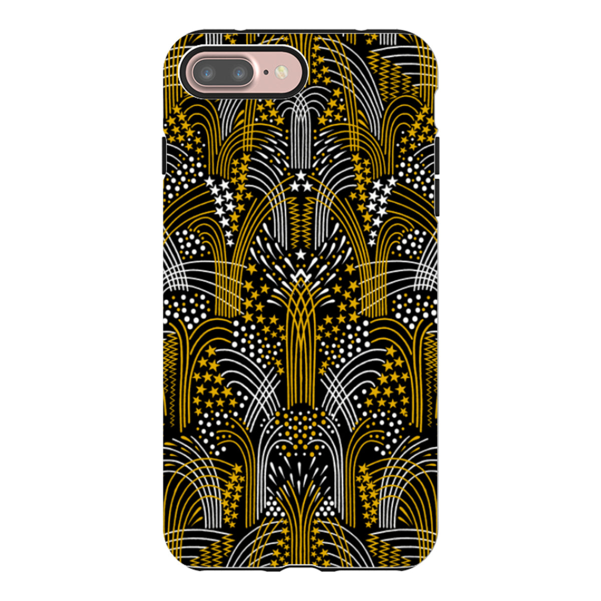 iPhone Tough Case with black, gold, and white firework-inspired geometric patterns and a protective dual-layer design.