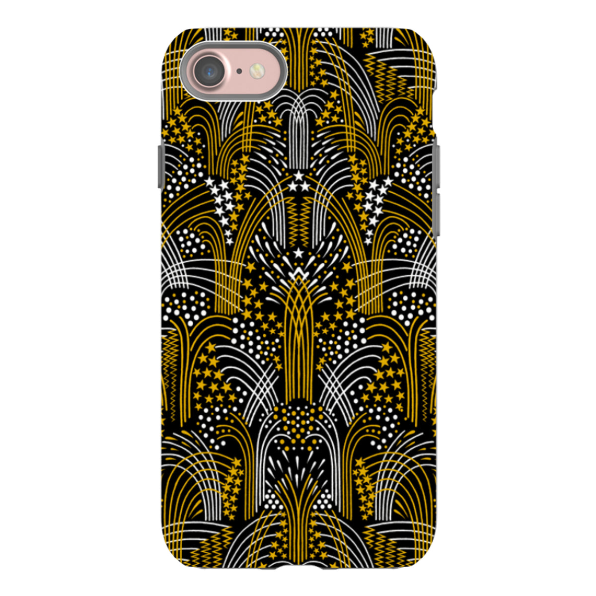 iPhone Tough Case featuring a black, gold, and white geometric firework pattern by Cressida Bell with dual-layer protection.